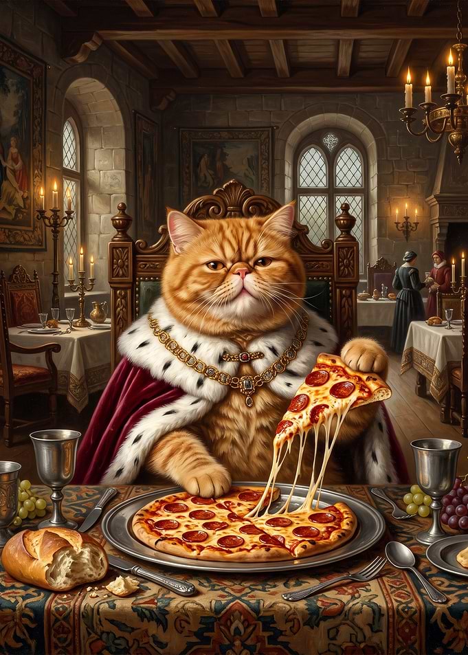 Royal Cat Eating Pepperoni Pizza