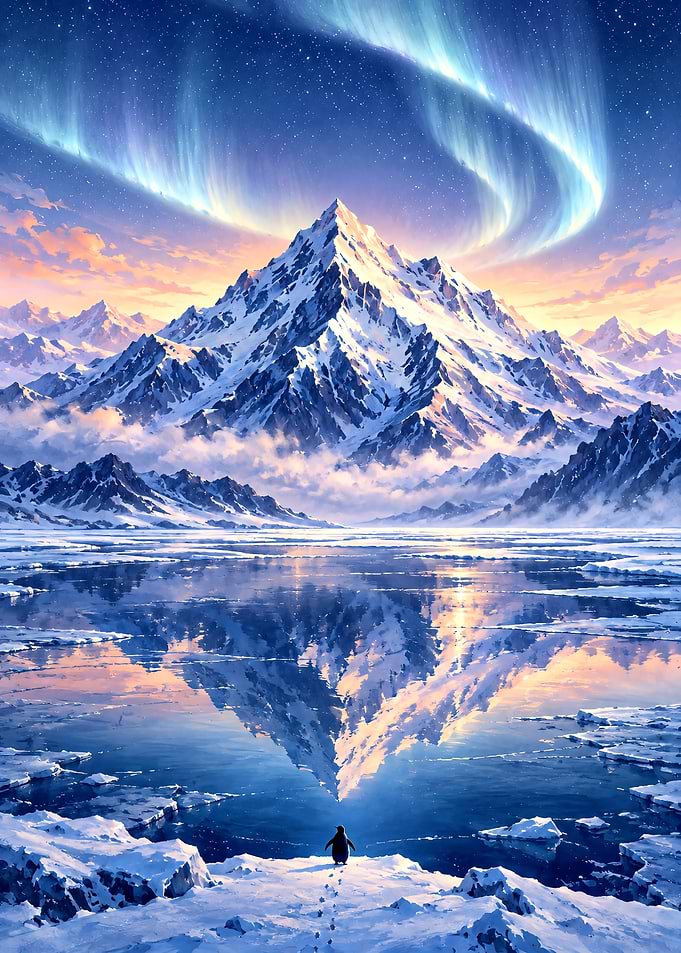 Penguin Watching Aurora Over Mountains