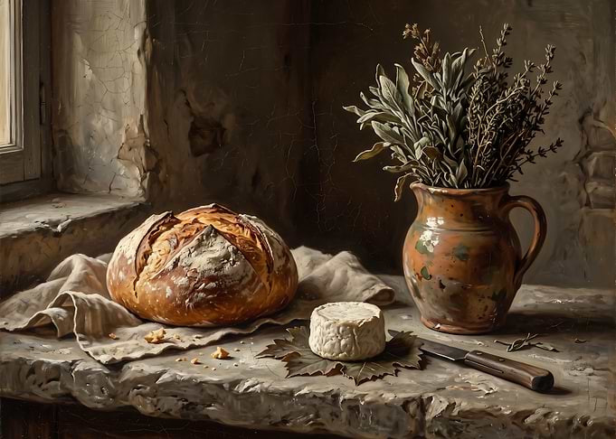 Rustic Still Life with Bread and Cheese