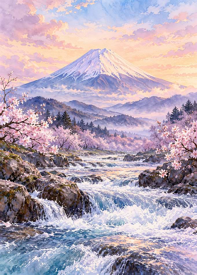 Mount Fuji and Cherry Blossoms Landscape