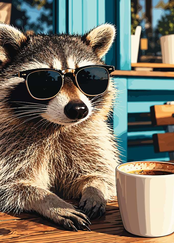 Cool Raccoon Drinking Coffee