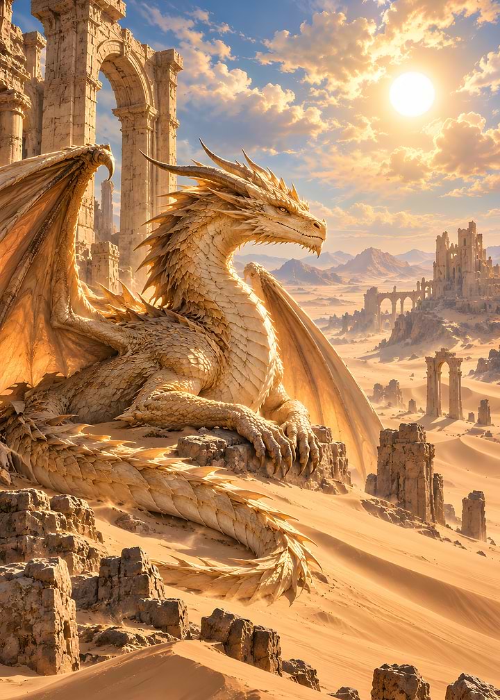 Sand Dragon Resting In Desert Temple Ruins