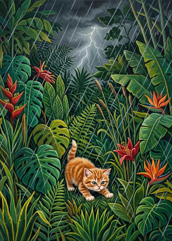 Ginger Kitten in Tropical Rainstorm