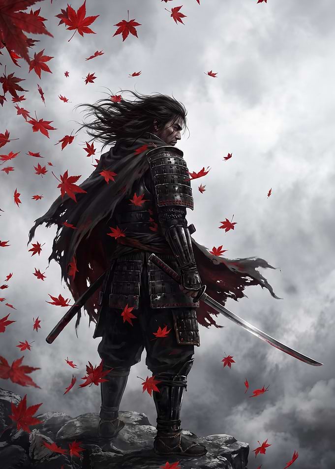 Samurai Warrior Amidst Falling Maple Leaves