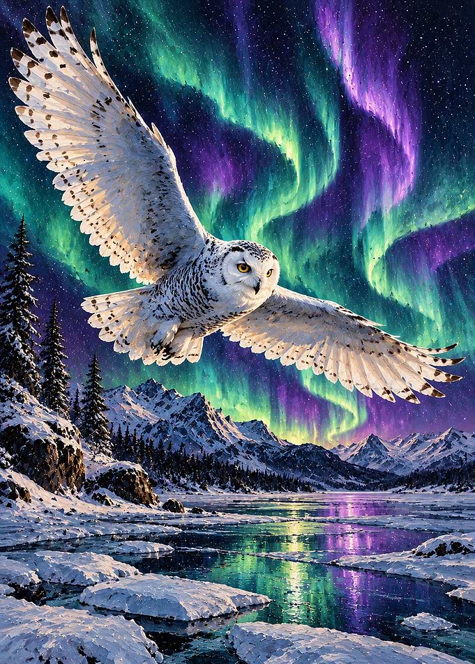 Snowy Owl Under Northern Lights
