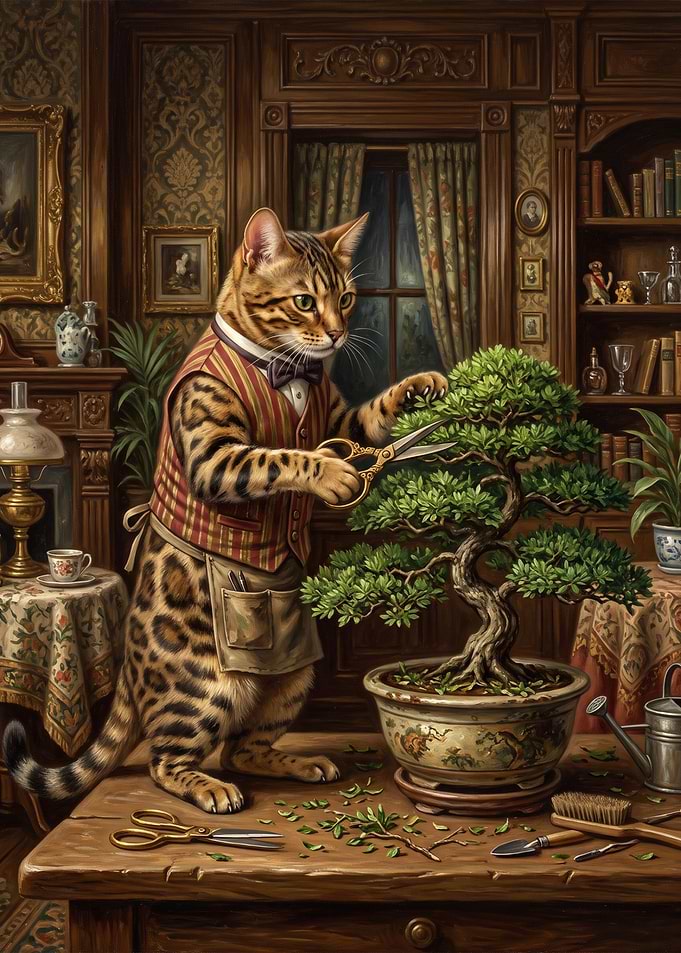 Sophisticated Bengal Cat Pruning Bonsai Tree