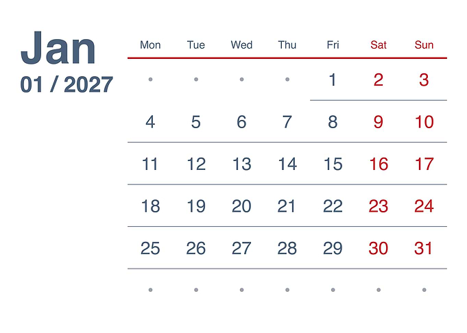 January 2027 Minimalist Calendar Page