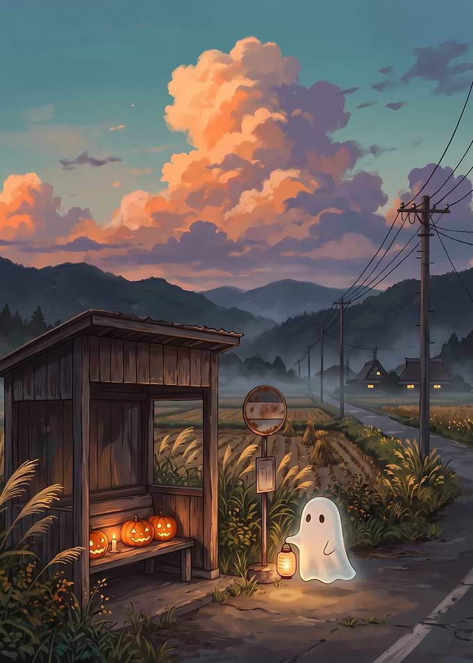Ghost Waiting at Rural Bus Stop Japanese landscape