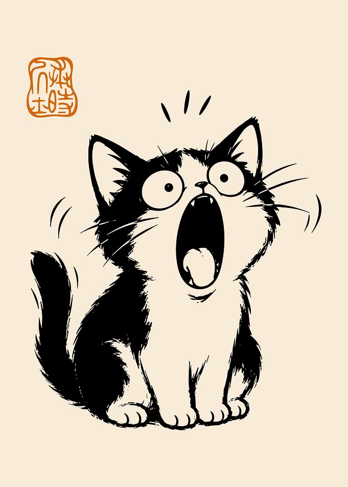 Surprised Black and White Cat Illustration