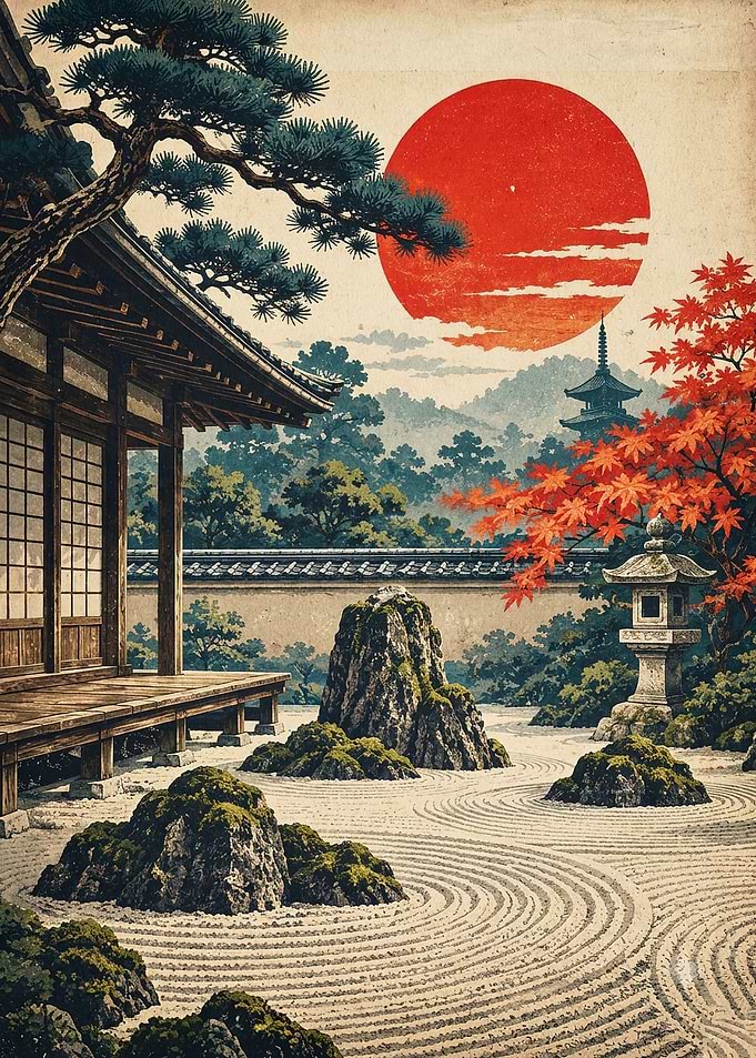 Japanese Zen Garden Red Sun Art