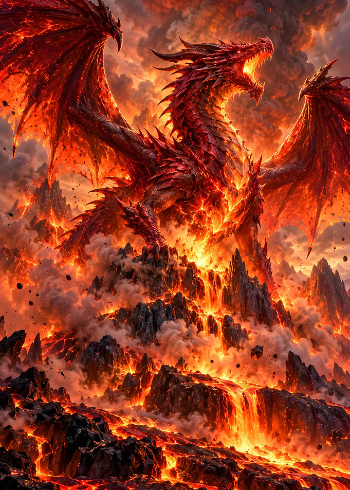 Red Fire Dragon Roaring Over Erupting Volcano