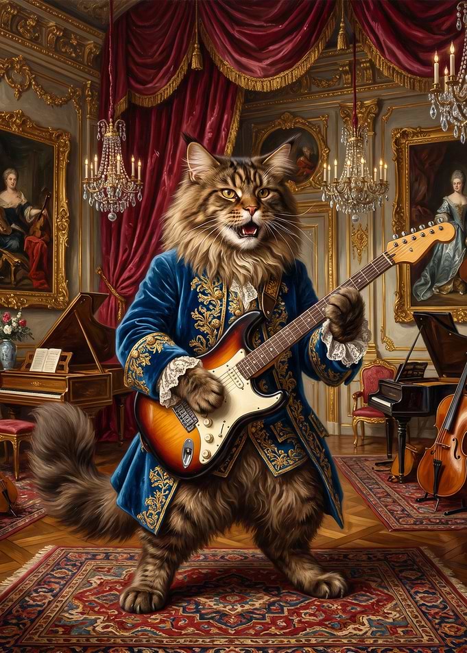 Aristocratic Cat Playing Electric Guitar