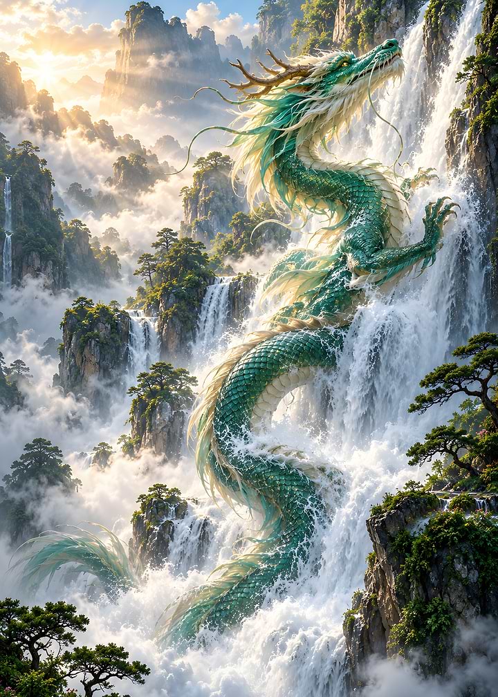 Jade Eastern Dragon Flying Through Waterfalls