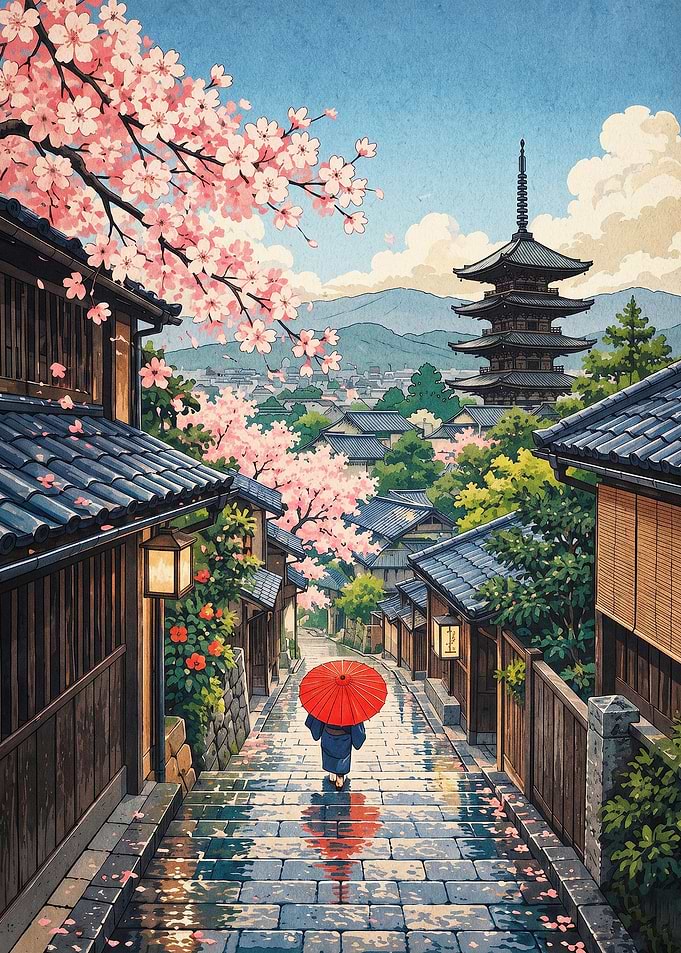 Japan Street Sakura Vintage Art