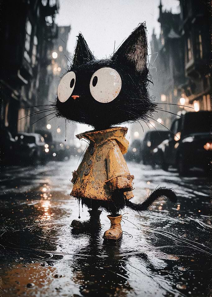 Black Cat Raincoat Cute Art