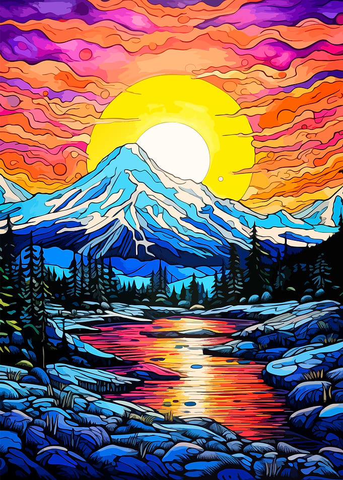 Vibrant Psychedelic Mountain Sunset Landscape