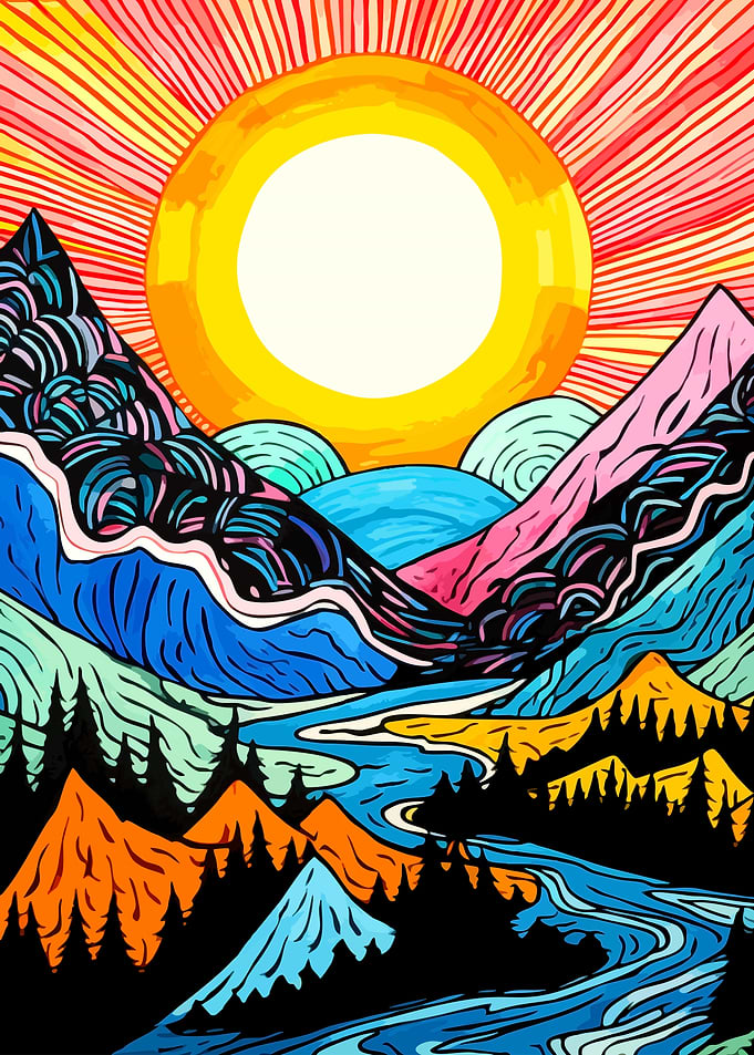 Vibrant Psychedelic Mountain Landscape Art