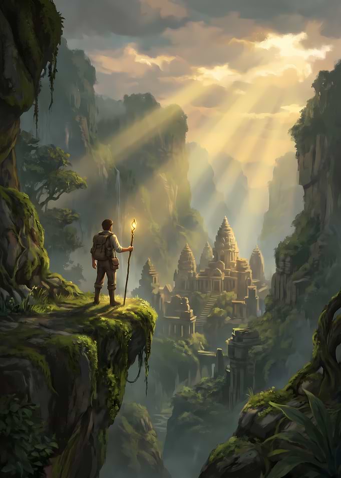 Explorer Discovering Ancient Jungle Temple