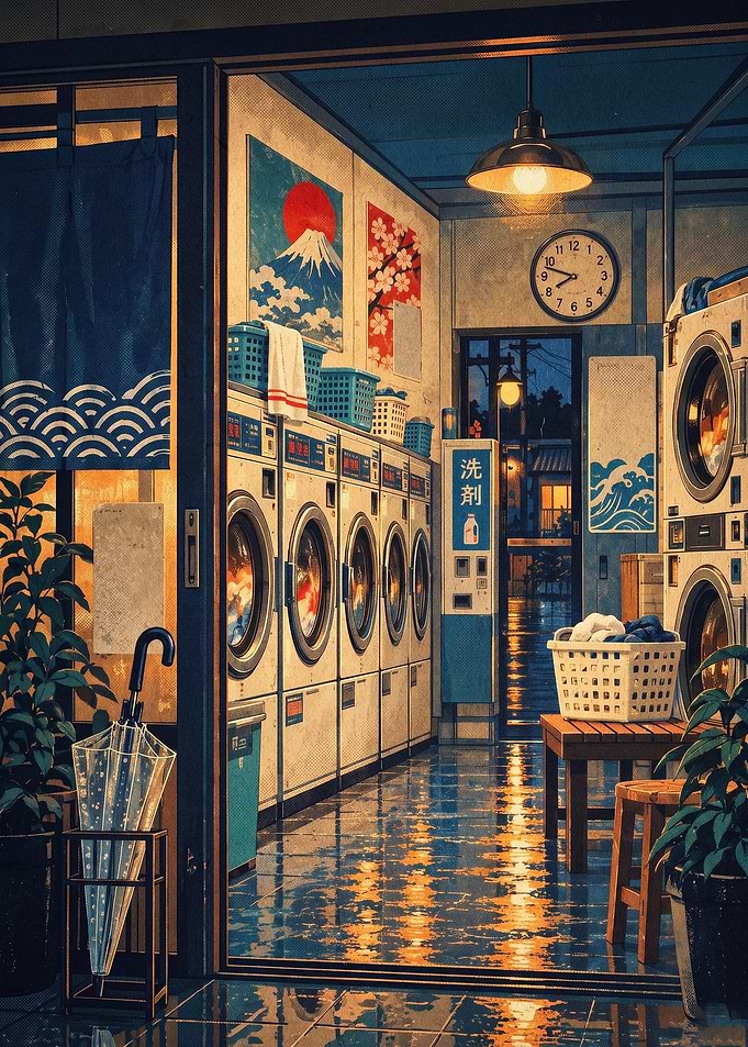 Japanese Laundromat Night Anime Art