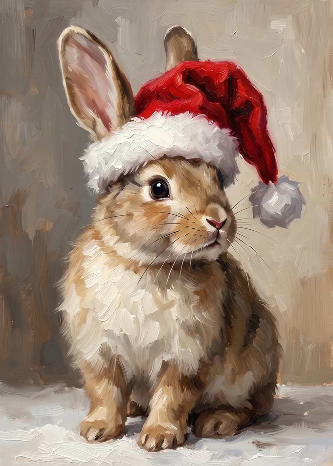 Oil Painting of Cute Christmas Bunny