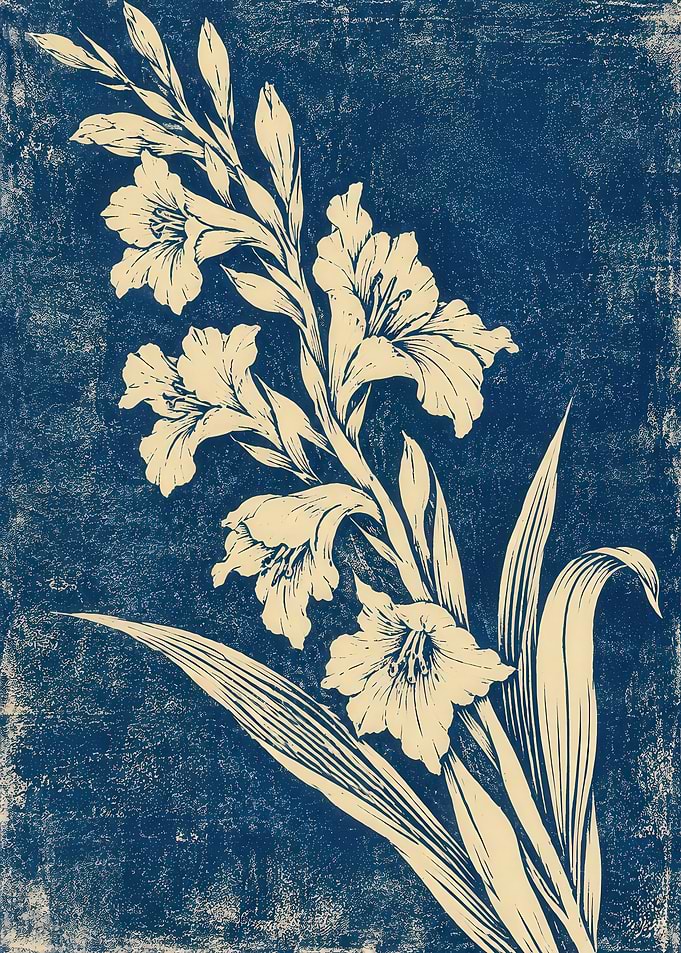 Vintage Blue and Cream Gladiolus Print