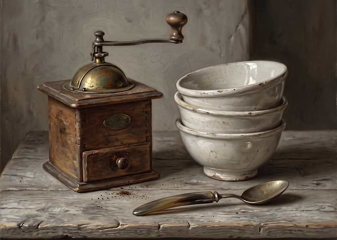 Vintage Coffee Grinder and Bowls