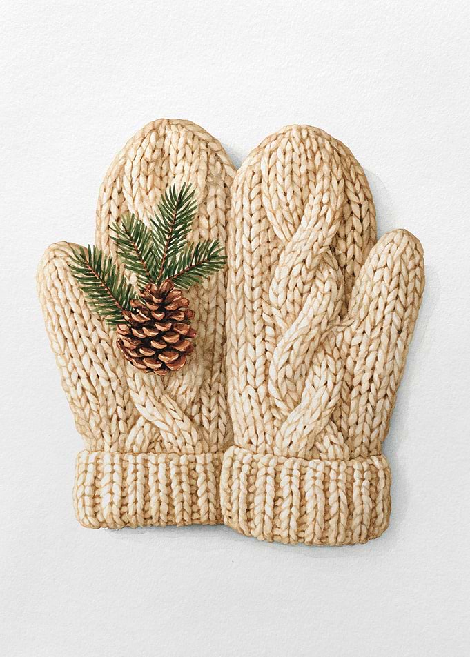Cream Knitted Mittens with Pinecone and Pine Sprig, Cosy Winter Still Life Illustration