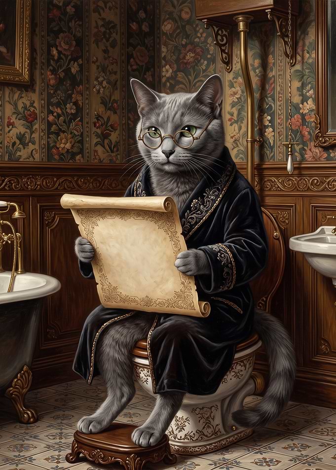 Sophisticated Cat Reading on Toilet