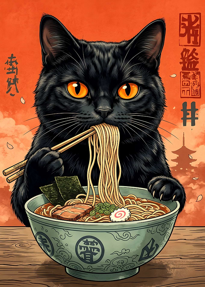Black Cat Eating Ramen Illustration