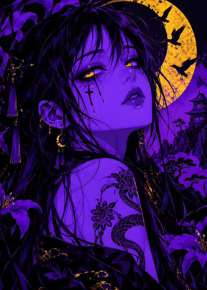 Purple Gothic Anime Girl with Golden Eyes