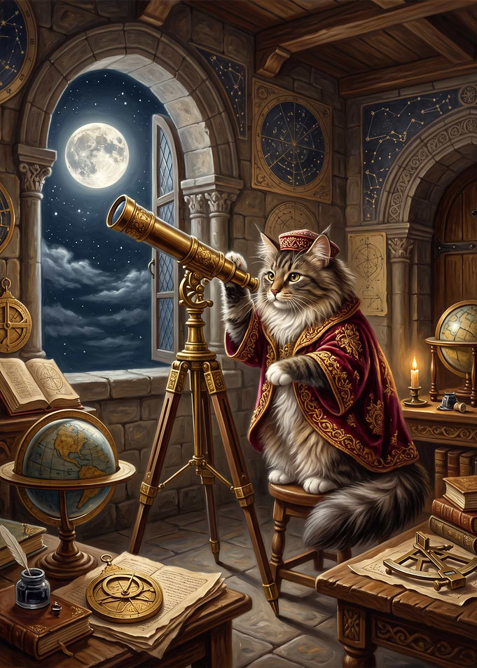 Cat Astronomer in Medieval Study