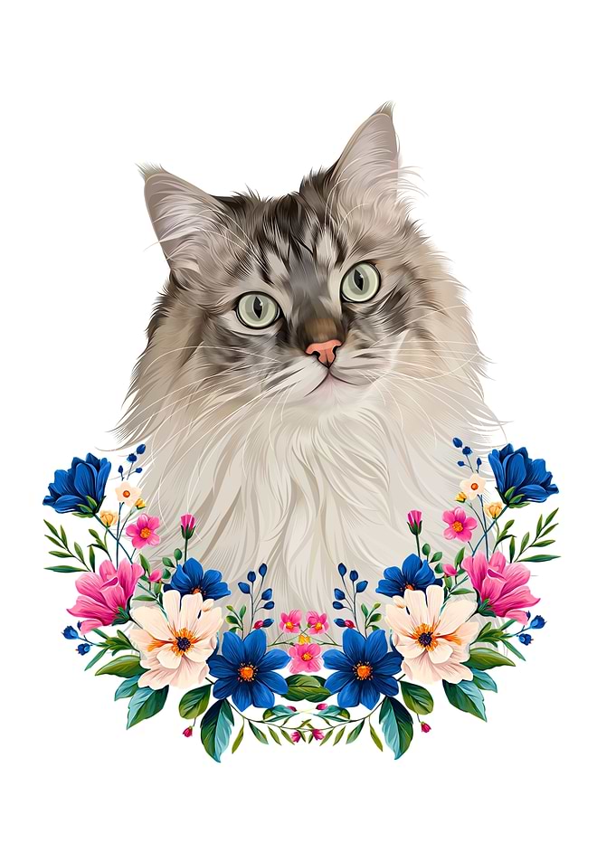 Elegant Long-Haired Cat with Floral Wreath