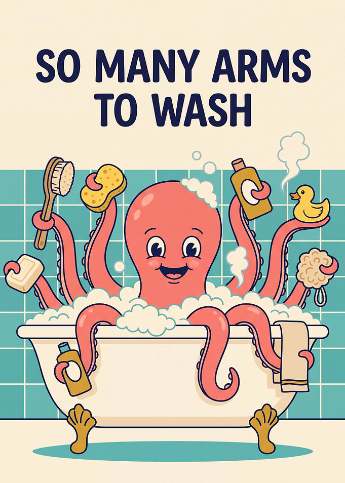 Cute Octopus in the Bath So Many Arms to Wash