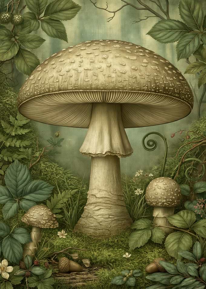 Vintage Botanical Mushroom Forest Illustration