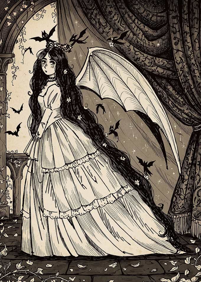 Gothic Bat Winged Maiden Illustration