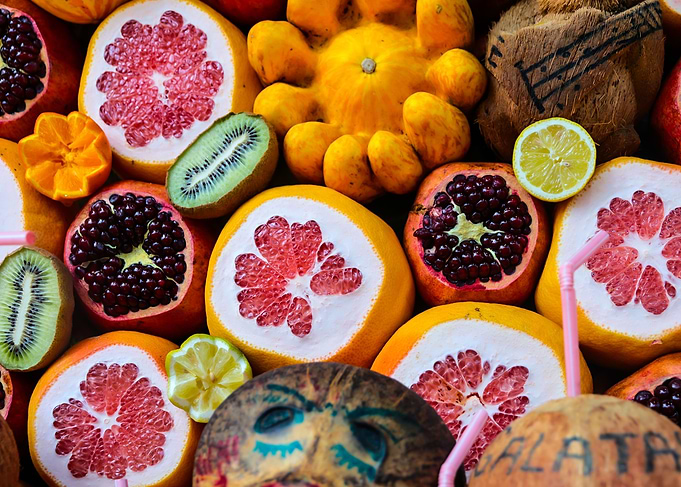 Vibrant Tropical Fruit and Coconut Display