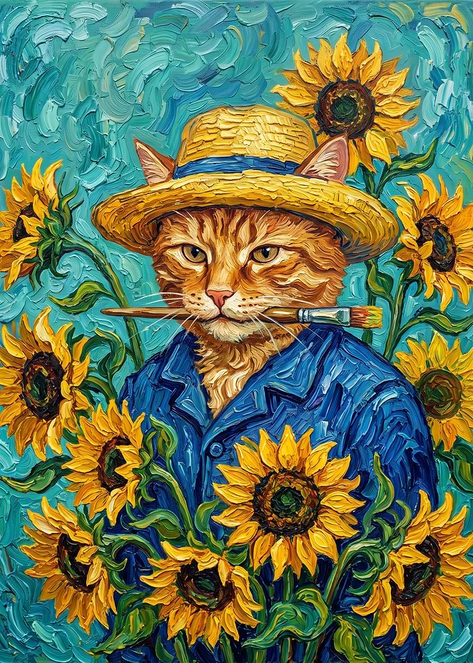 Van Gogh Style Cat with Sunflowers