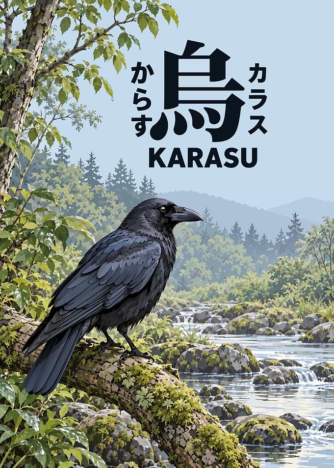 Crow Beside a Woodland Stream - Japanese Kanji Art