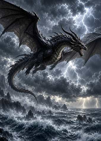 Black Storm Dragon Flying Over Lightning Sea