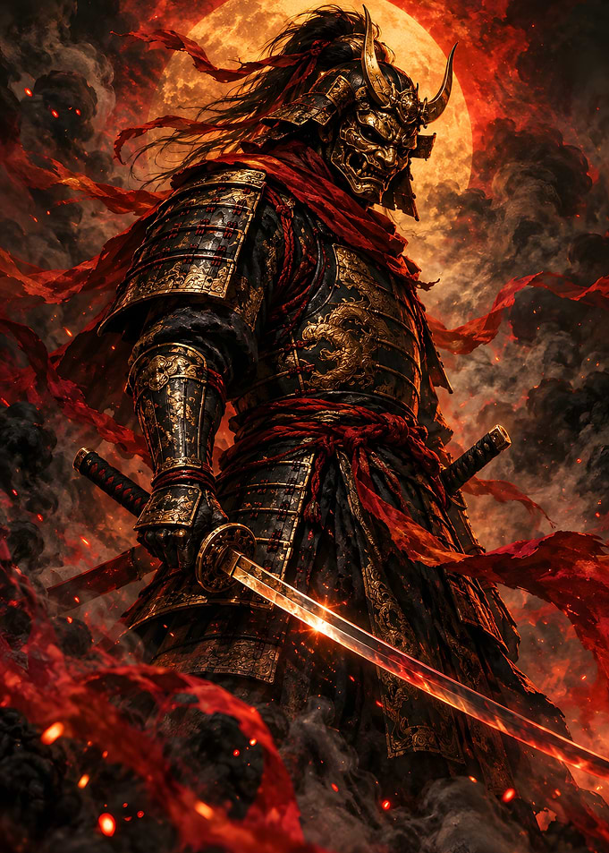Oni Mask Armored Samurai Warrior Red Moon