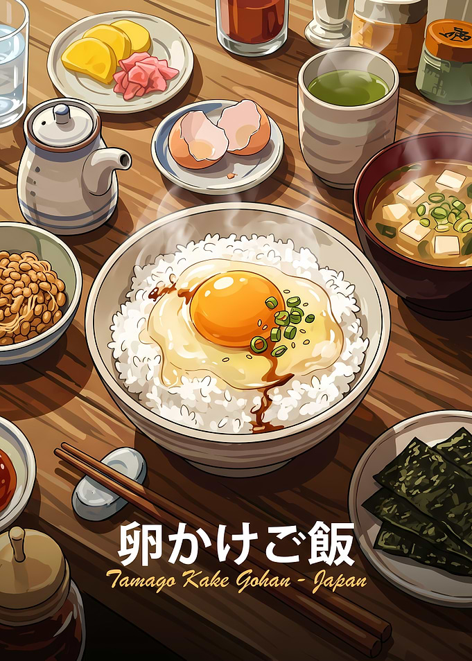 Traditional Japanese Tamago Kake Gohan Breakfast