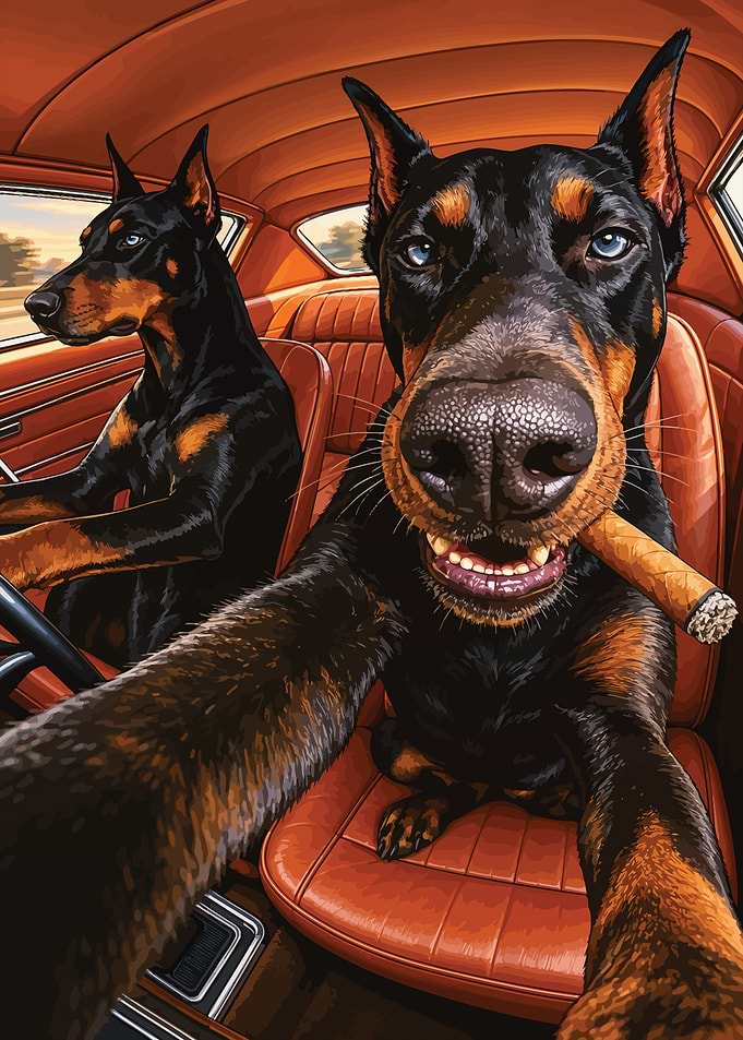 Doberman Dogs Driving Classic Car