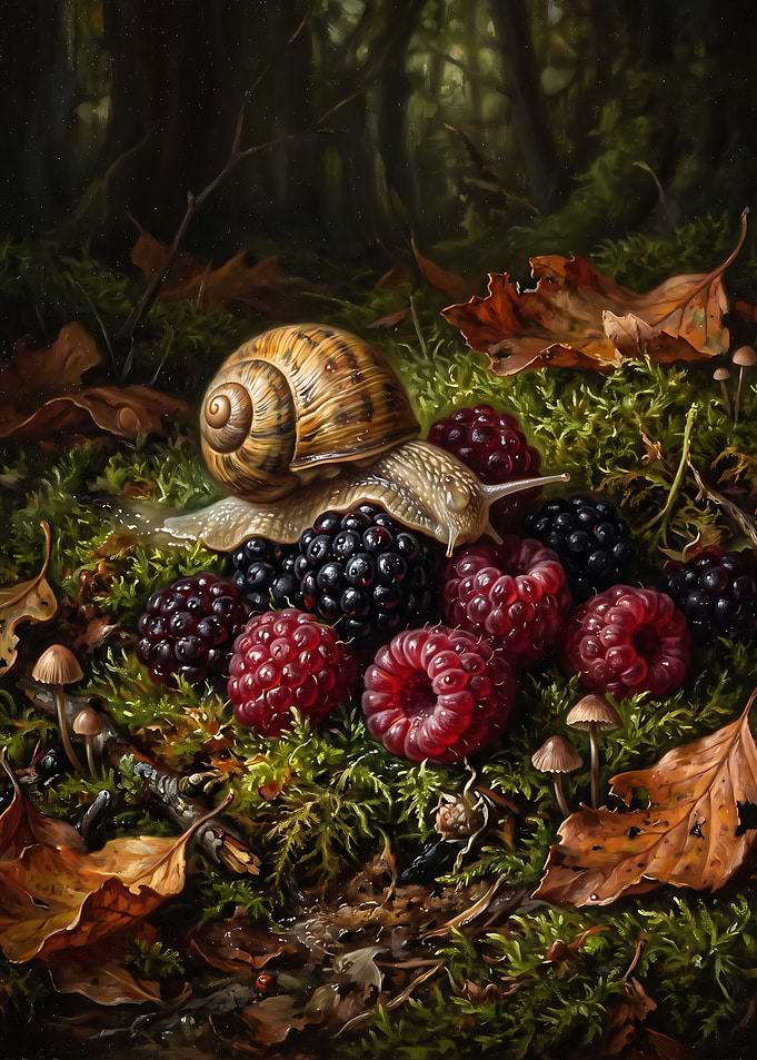 Snail Crawling Over Forest Berries