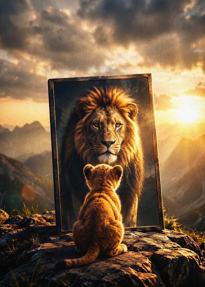 Lion Cub Mirror Reflection Poster