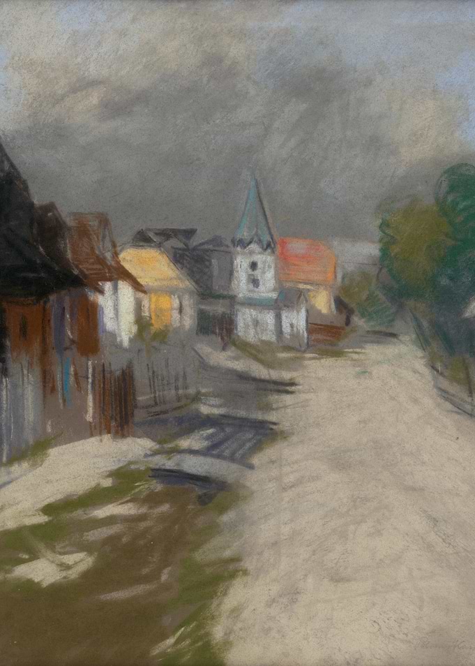 Pastel Drawing of a Village Street