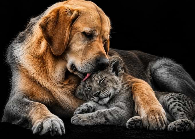 Dog Licking Sleeping Lion Cub
