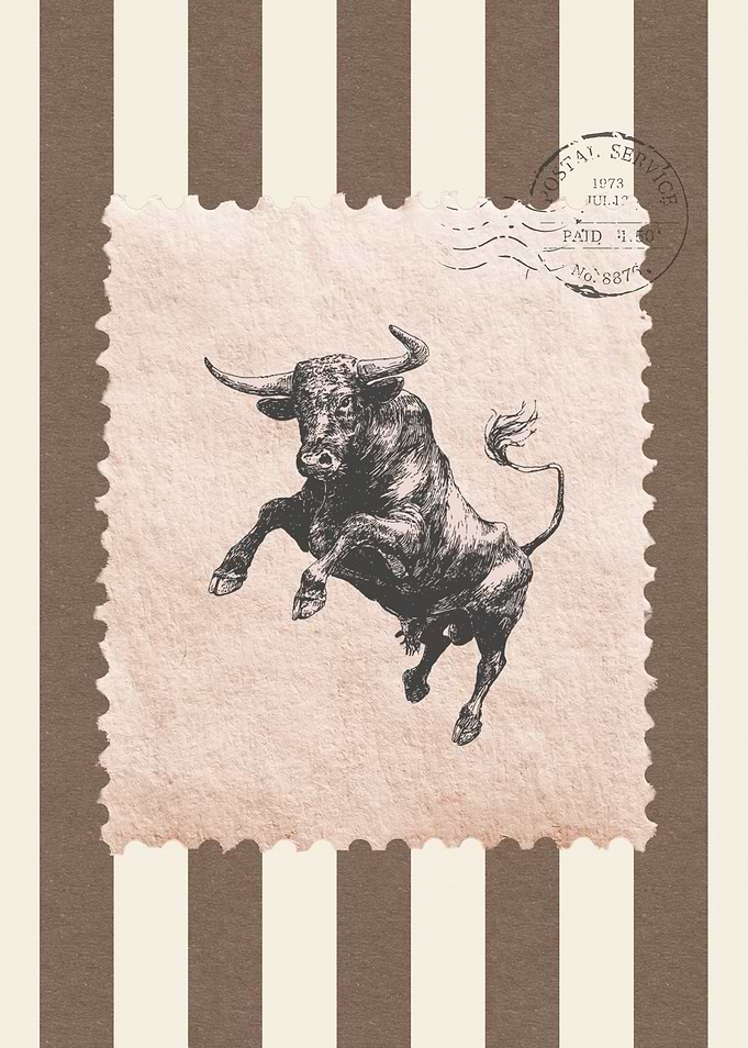 Vintage Bull Postage Stamp Illustration