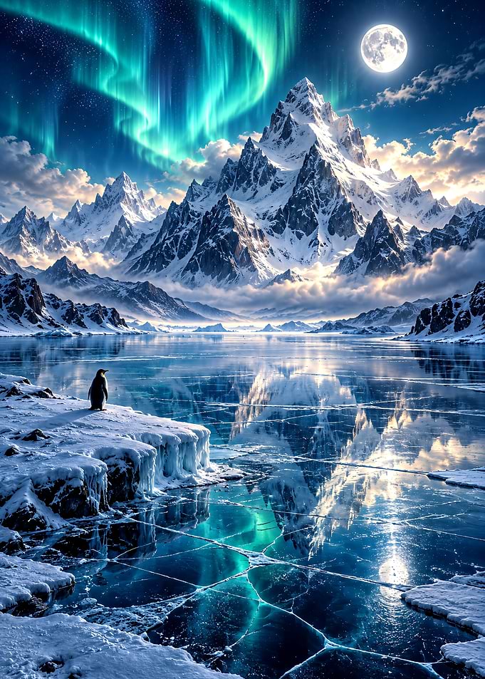 Penguin Under Northern Lights and Mountains