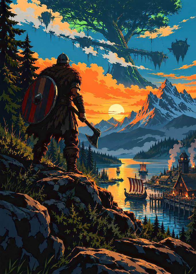 Viking Warrior Overlooking Fantasy Village