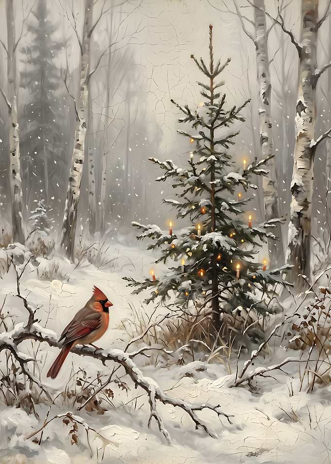Cardinal in Snowy Winter Forest